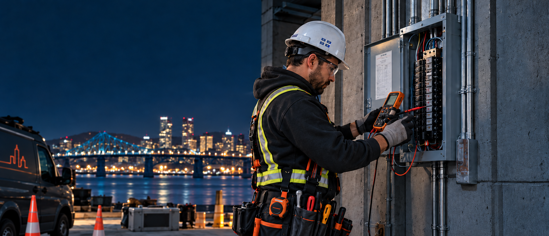 Electrician using a measuring instrument in front of an electrical panel, with Montréal and its bridge in the background